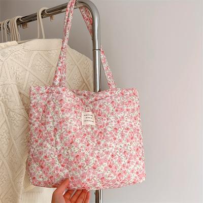 תיק טוטו מבד קנבס פרחוני בקיבולת גדולה, תיק כתף מתקפל עם רצועות קבועות, בטנת קנבס, עיצוב ללא סגירה, ניתן לכבס במכונה