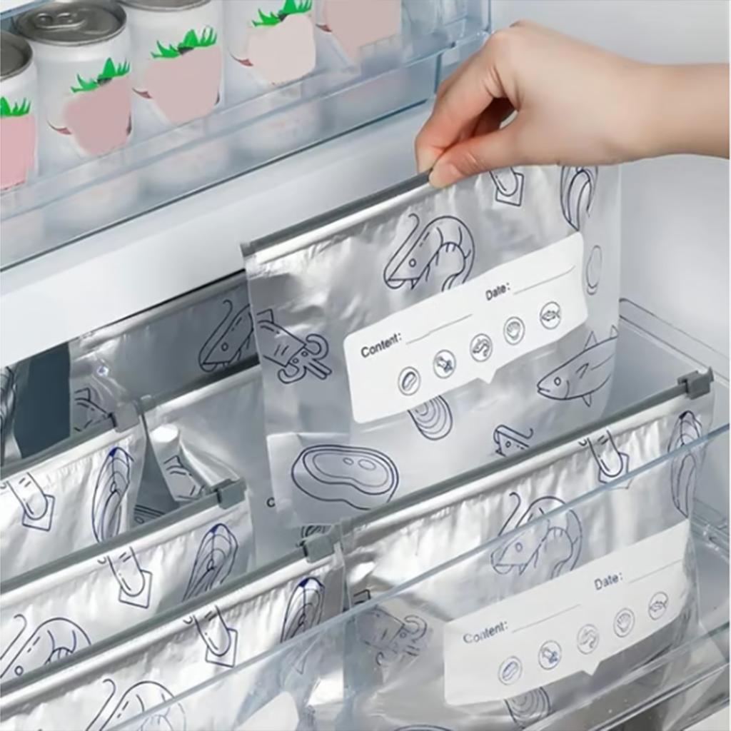 Wiederverwendbare Gefrierbeutel mit Aluminiumfolienauskleidung und wiederverschließbaren Zipplaschen zur Aufbewahrung von Lebensmitteln, Gemüse, Fleisch und Snacks.