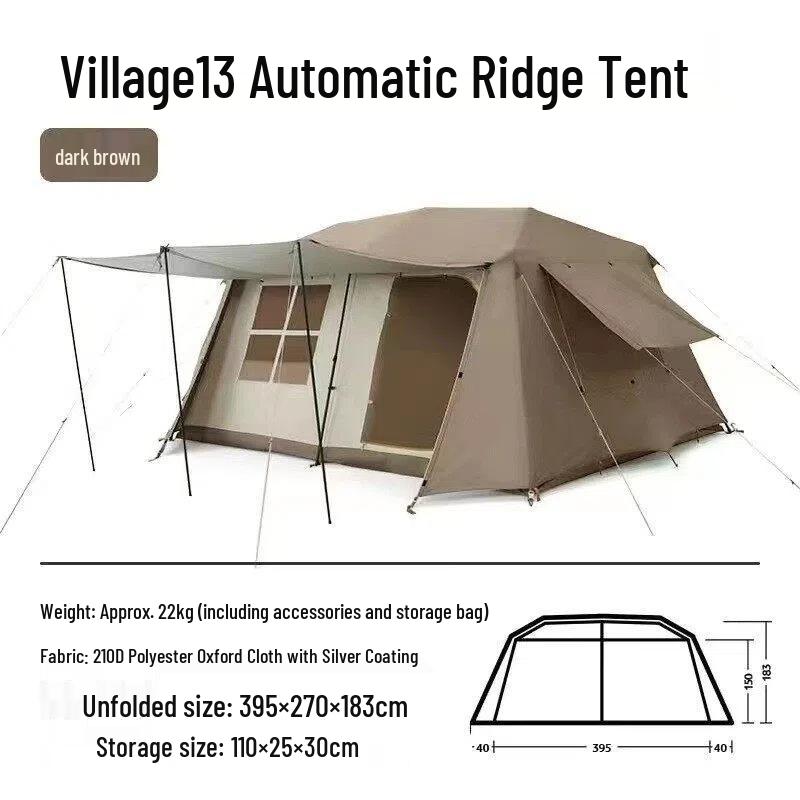 Silver-Coated Ridge 13 Automatic Tent - Dark Coffee, Two Rooms, One Hall, Outdoor Camping Gear.