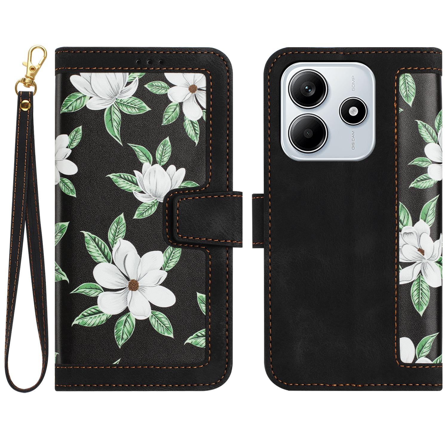 

For Xiaomi Redmi Note 14 5G Case PU Leather Floral Phone Cover with Card Slots Black