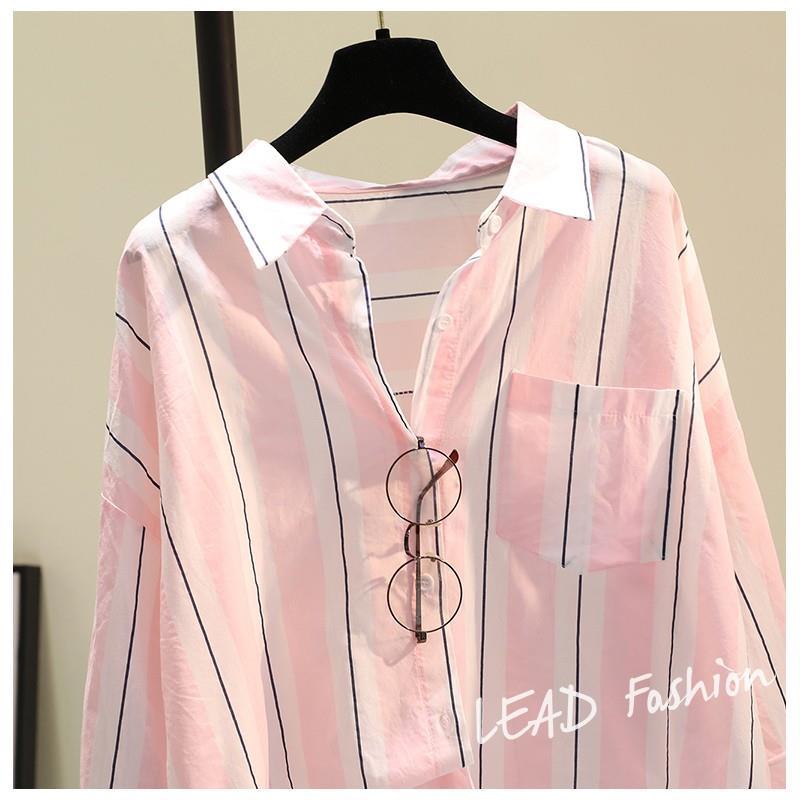 Loose Striped Cotton Button-Up Shirt for Women with Long Sleeves for Summer
