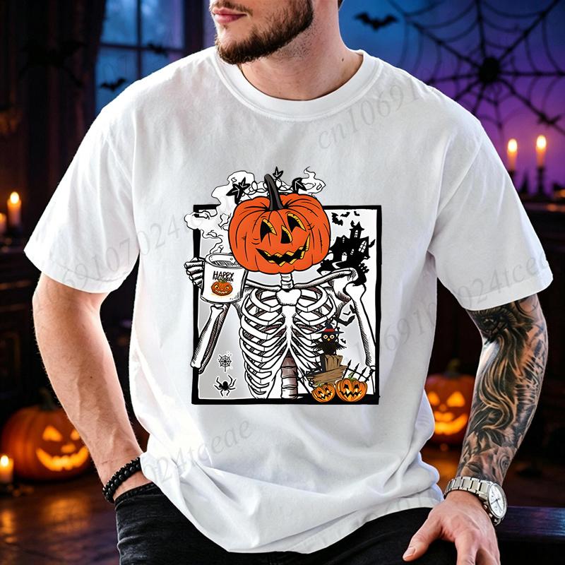 Funny Pumpkin Head Skeleton Drinking Coffee Graphic T Shirt Unisex Halloween Tees Casual Summer Streetwear Family Matching Outfit