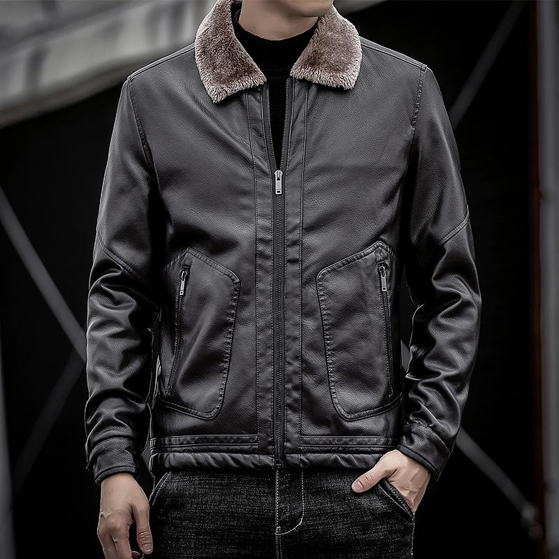 Winter-Lederjacke für Herren, neues Revers für mittlere und ältere Menschen, mit Plüschfell und Fell, integriert mit fetter, übergroßer Herren-PU-Lederjacke
