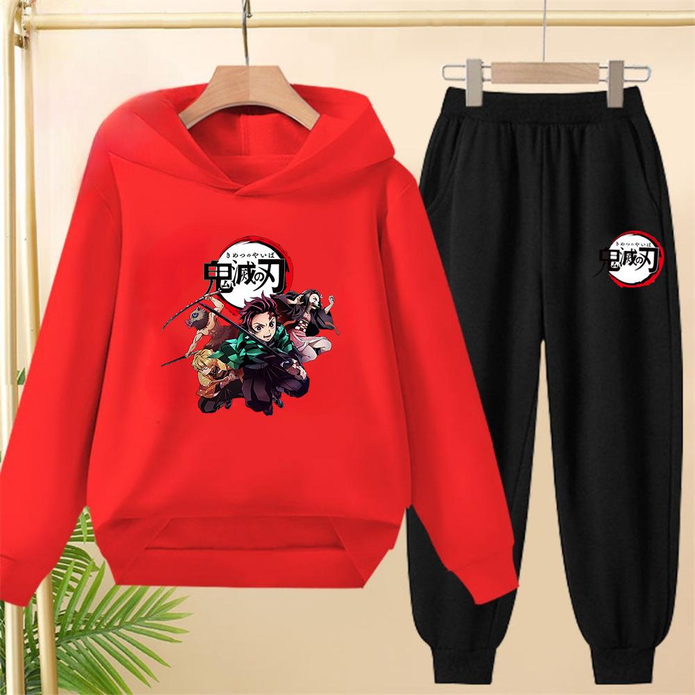 

children s Hoodie Anime Demon Slayer Suitable hooded sweatshirt outerwear pants set autumn clothing for 150