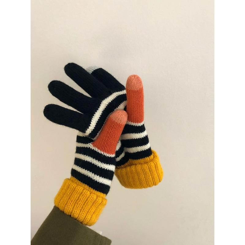 Winter Fleece and Thickened Touch Screen Color Blocking Striped Gloves for Girls Korean Version Instagram Cute Student Cycling Warm Gloves