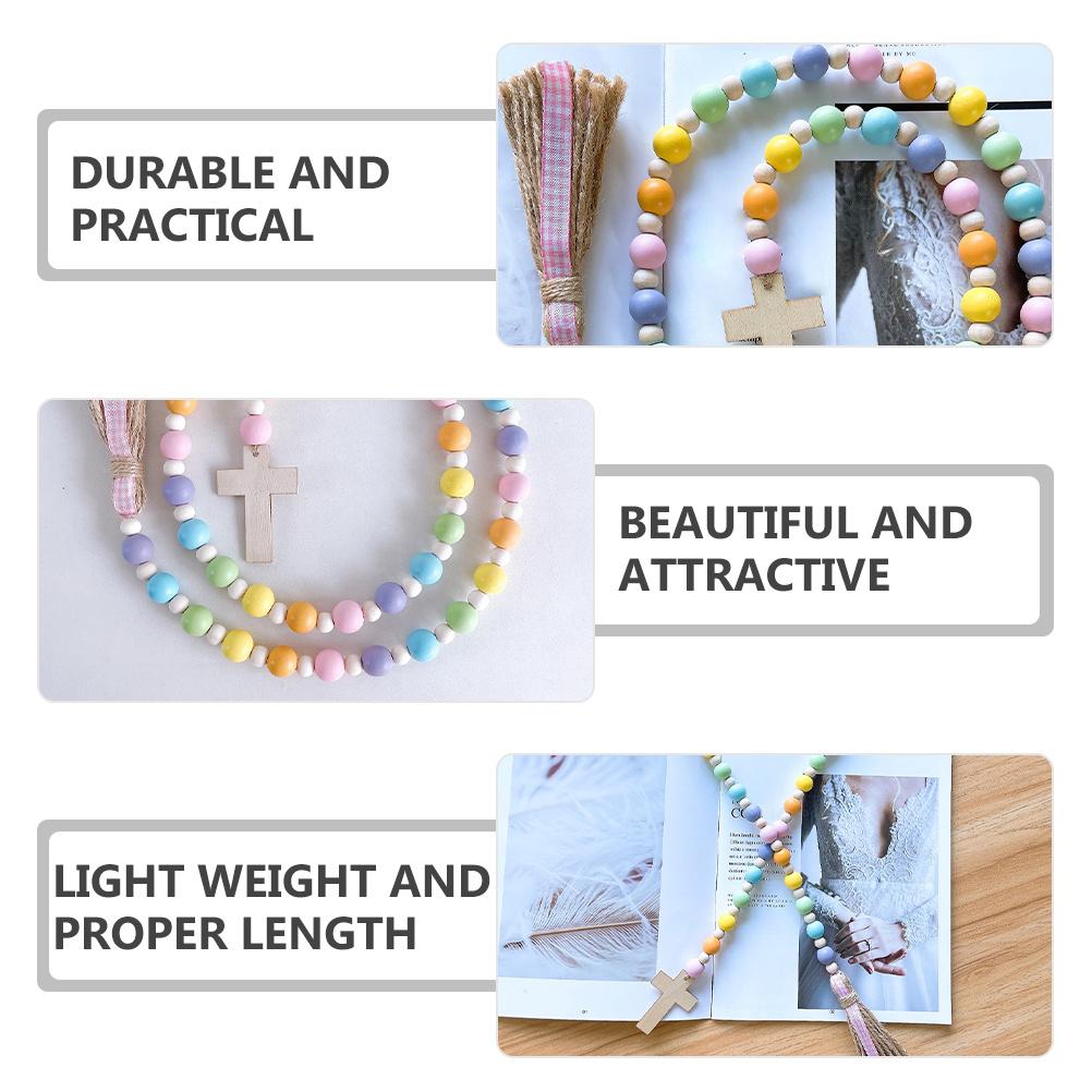 Easter Wooden Beaded Garland with Tassels and Cross Pendant Lightweight Linen Rope String Decoration for Wall Door Shelf