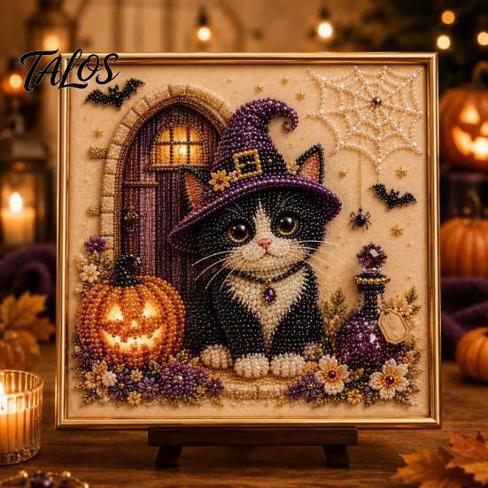 Decorative Hanging Pictures for Halloween Ghost Faux Pearl Art DIY Kit with Frame, Cat Painting Easy Projects Beginners Kit, 3D Witch Pumpkin