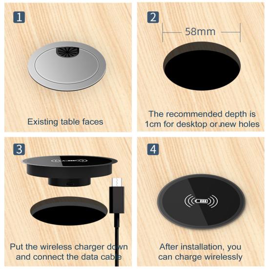 Invisible Wireless Charger 15W Desk Hidden Charging Station with Independent Coil Desktop Embedded Design 8mm Sensing Distance Desktop Integrated