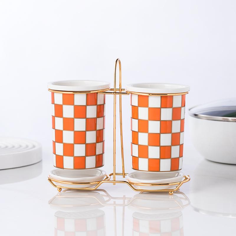 Checkerboard Ceramic Chopsticks Holder Drain Rack Chopsticks Basket Chopsticks Box Cutlery Box Storage Rack Wall-mounted Shelf