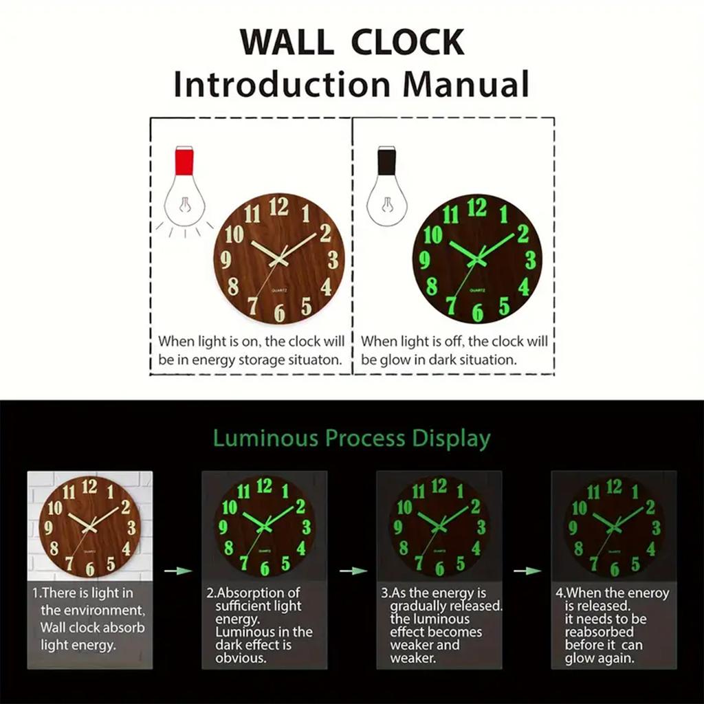 12 Inch Wooden Wall Clock Round Glow-in-The-Dark Silent Clocks Luminous Wall Clock for Living Room Bedroom Office Study Decors