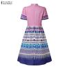 ZANZEA Women Stand Collar Casual Short Sleeve Retro Print A-line Dress