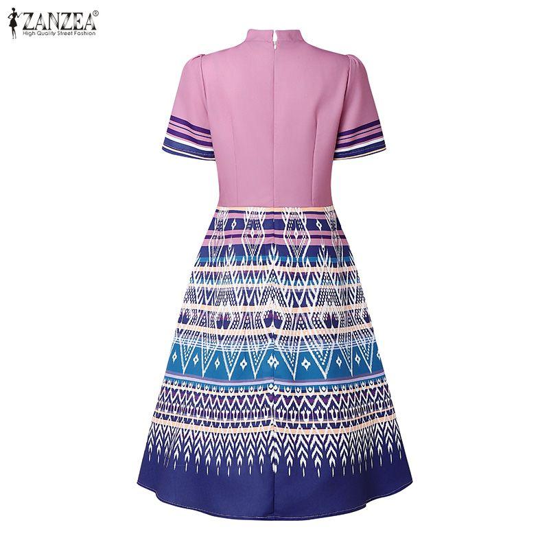 ZANZEA Women Stand Collar Casual Short Sleeve Retro Print A-line Dress