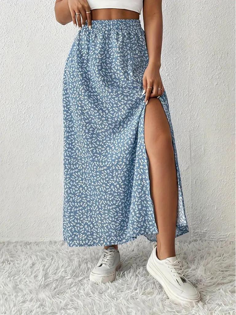 Women's Vintage High Waist Printed Long Skirt with Side Slit - Spring/Summer