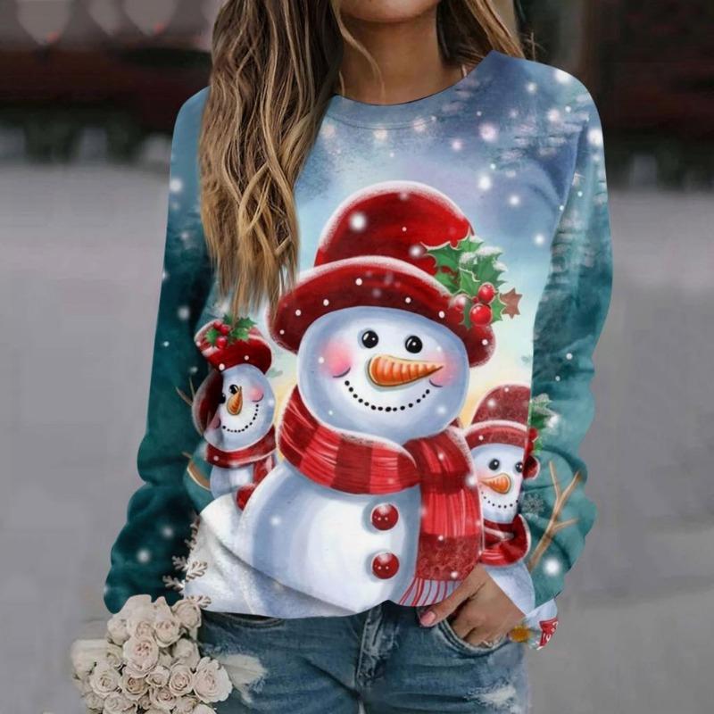 Christmas ladies' and men's round-neck sweatshirts with snowflake and snowman patterns, casual and comfortable for daily wear