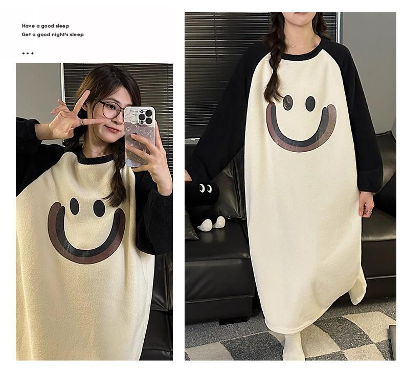 Women's Cartoon Flannel Nightgown – Cute, Cozy, Long Sleeve, Mid-Length Dress for Fall/Winter, Suitable for Home or Outdoors