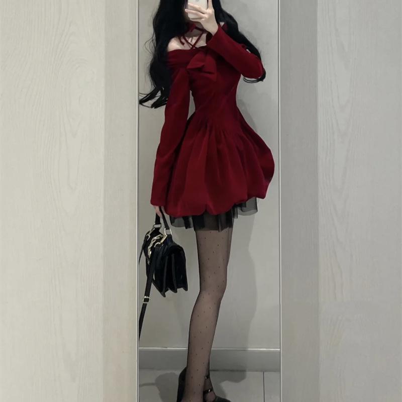 Women's Slightly Tipsy Velvet Halter Dress - Red Holiday Edition