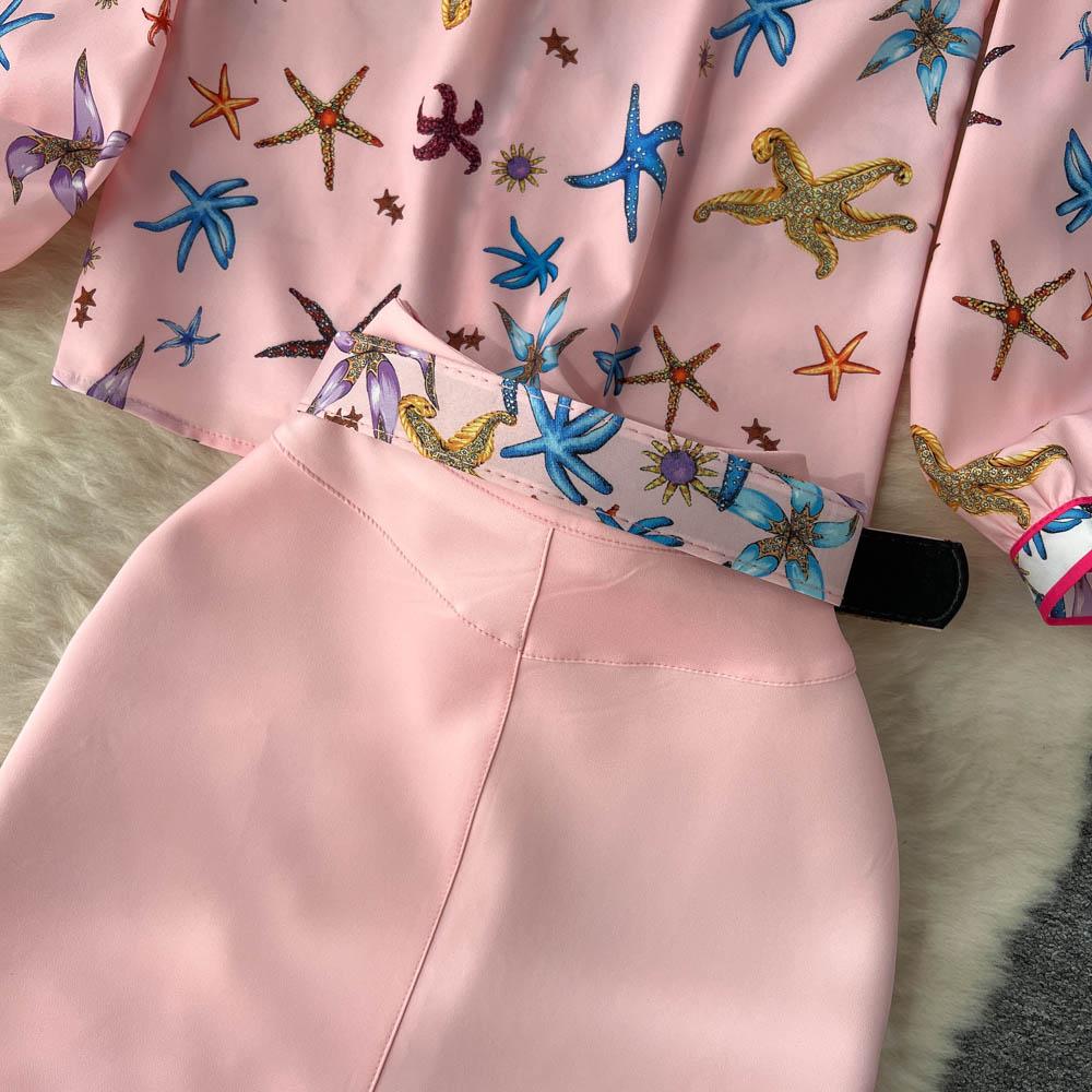 Spring Lace Stitched Long Sleeve Printed Shirt + Waist Bag Hip Pleated Fishtail Skirt Two-Piece Suit