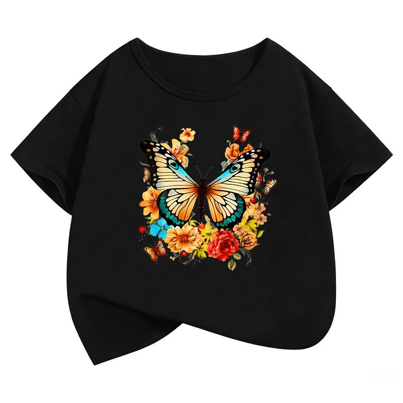 Graphic Butterfly with Flower Printed T-Shirt Girls' Summer T Shirt Clothes Short Sleeve Tops T-Shirts Cute Kids Clothing