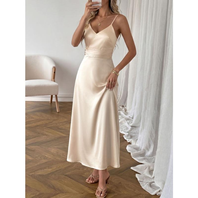 Women Satin Spaghetti Strap High Waist Solid Color Elegant Long A Line Dress