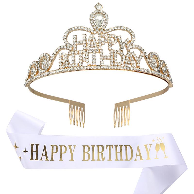 Happy Birthday Party Crown Hair Band Crystal Headwear Hair Accessory Gold Onion Cloth Belt Sash