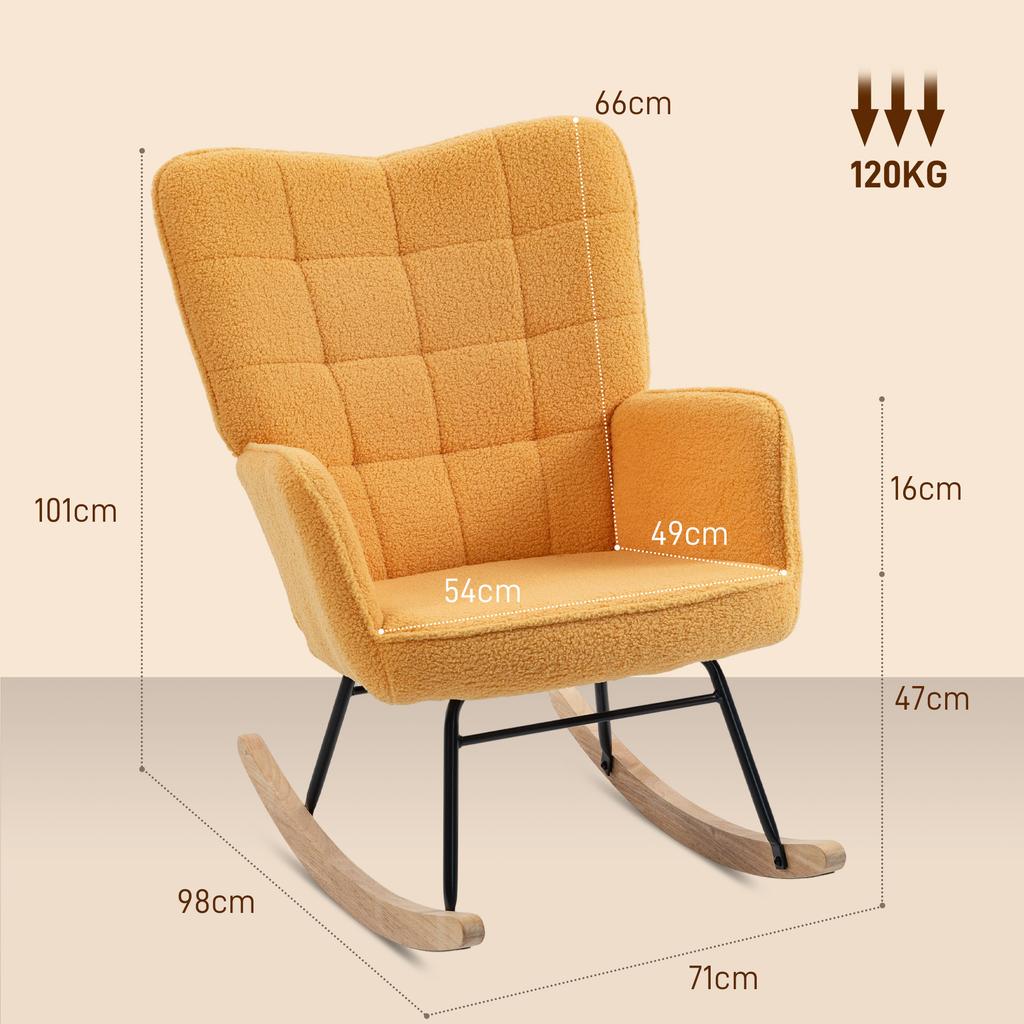 Sheepskin Rocking Chair, 40° Rocking, Beech Wood Legs, 120 kg, 71 x 98 x 101 cm, Yellow