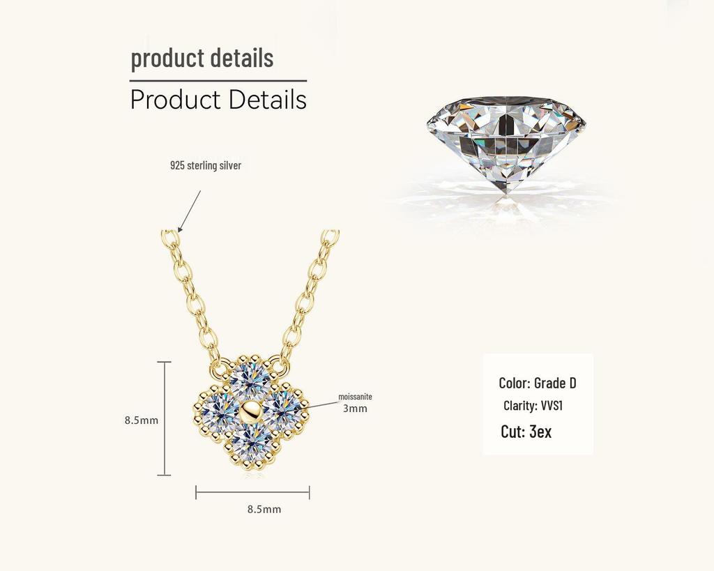 Four-Leaf Clover Necklace: Japanese & Korean Style, S925 Sterling Silver Moissanite Pendant, Gold-Plated Clavicle Chain