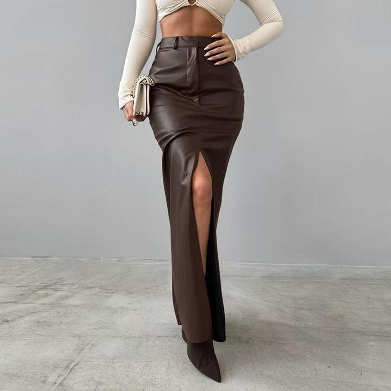 

Western Style Autumn High Waist Fleece-lined Split PU Leather Skirt High Waisted Pu Split Skirt Brown S