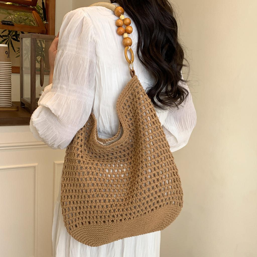 Casual Large-capacity Cotton Thread Woven Bag Women's New Hollow Hand-woven One-shoulder Vacation Beach Versatile Women's Bag