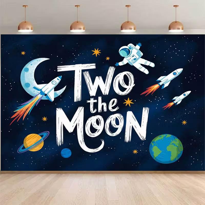 2D Outer Space Astronaut & Rocket Backdrop "Two the Moon" Birthday Photo Booth