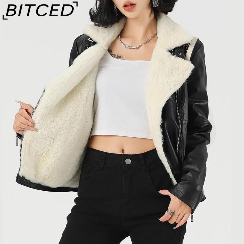 BITCED Fashion Leather Jacket with Fleece Lining, Thickened Winter Coat, Women's Leather Jacket, Short Leather Jacket