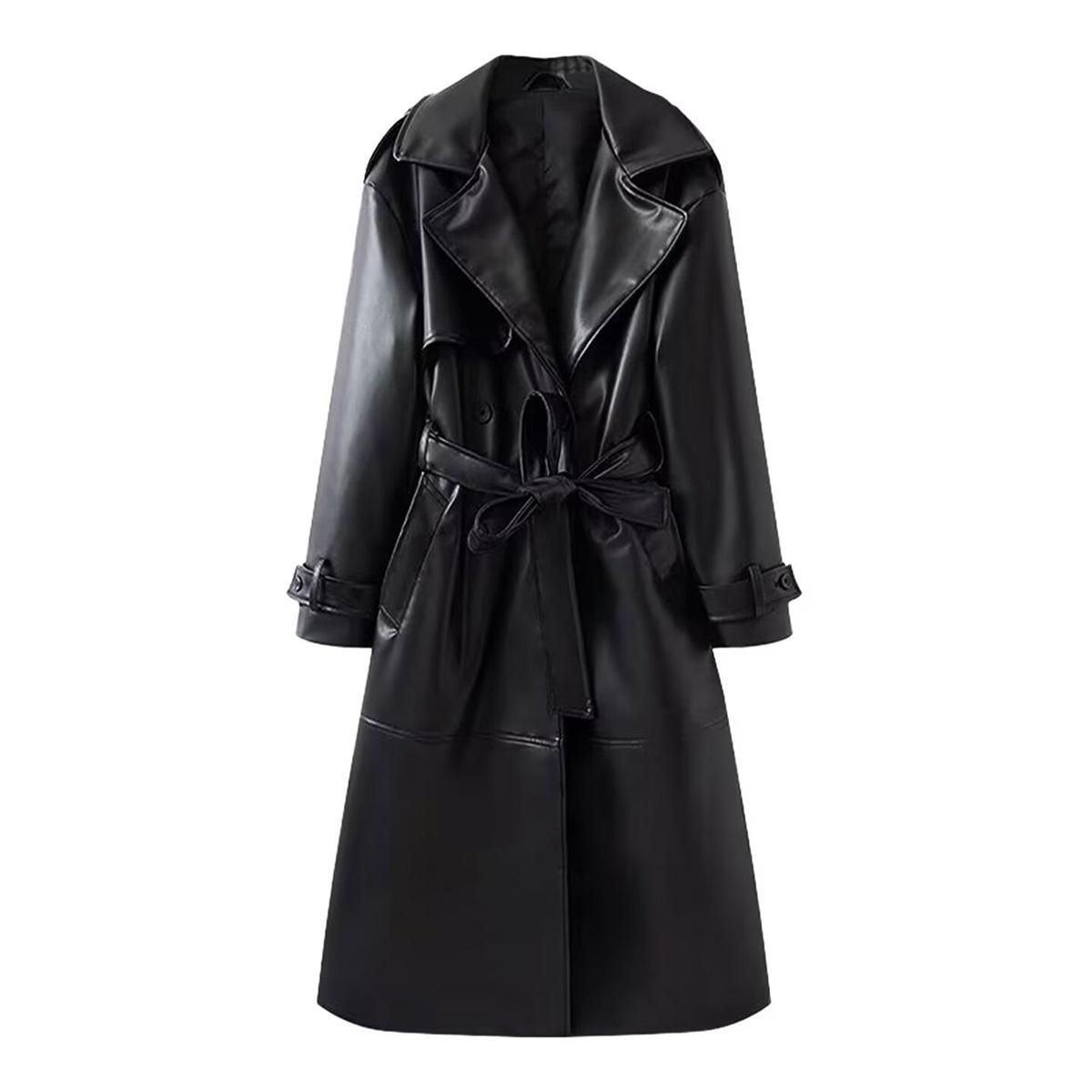 Women Faux Leather Long Trench Coat