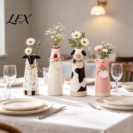 Hand Carved Animal Ornaments Resin Cute Vase, Farmhouse Decorative Flower Holder for Home Healing Pastoral Style Gift Office Decor, Pig/Cow/Sheep