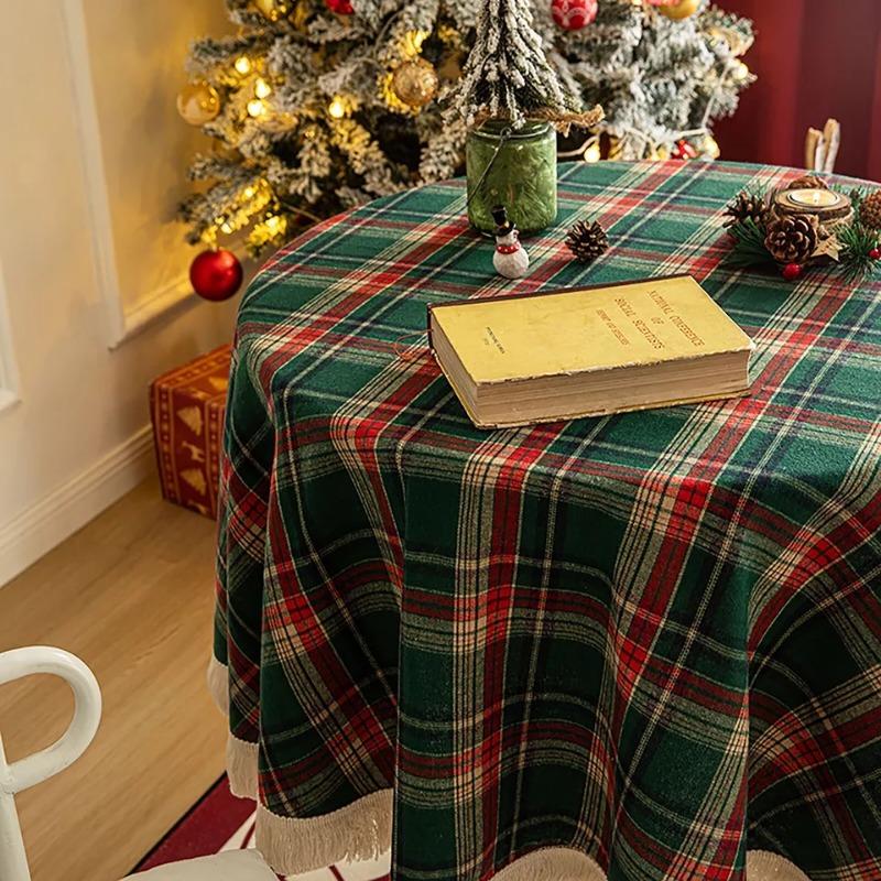 Christmas Plaid Pattern Tablecloth Pastoral Style Round Retro Luxury TableCloth with Tassel Holiday Party Table Cover Home Decor