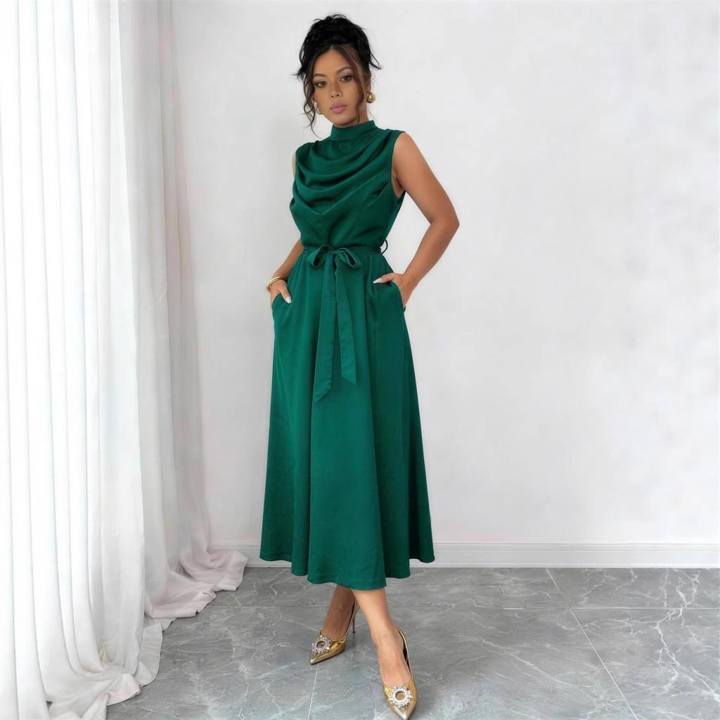 European and American women's elegant and fashionable sleeveless strap dress, casual belt design women's dress