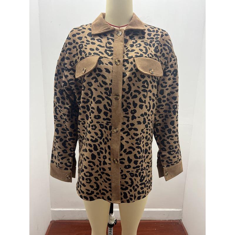 Plus Size Leopard Print Button-Up Jacket with Long Sleeves for Autumn/Winter