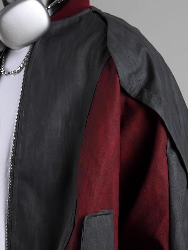 European & American Streetwear Color Block Patchwork PU Leather Baseball Jacket