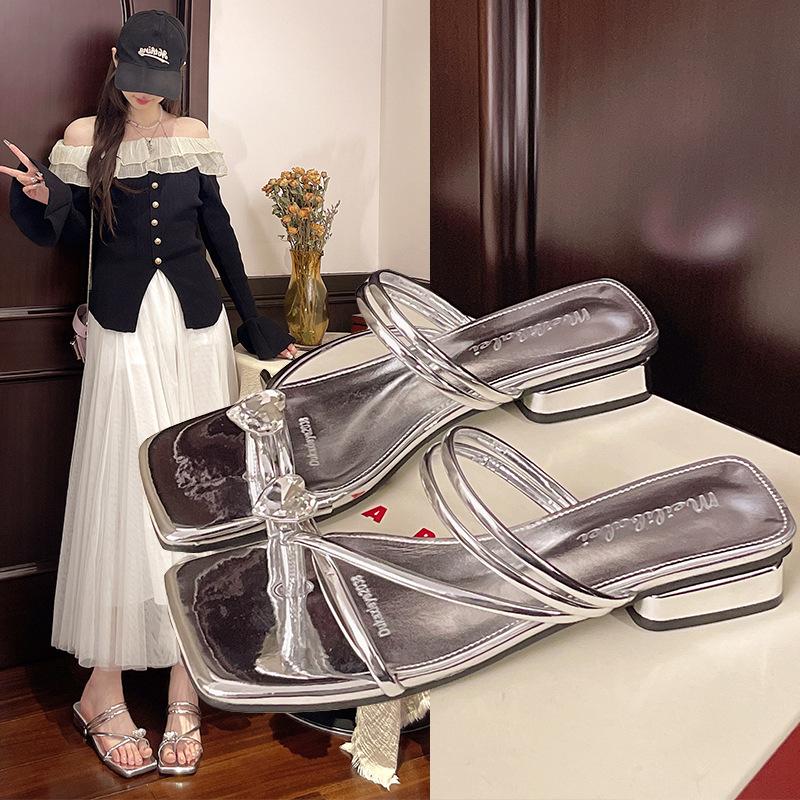 High Heels Women's Outer Wear 2025 Summer New Versatile Niche French Fashion Bow Thick Heel Slippers Women's Sandals