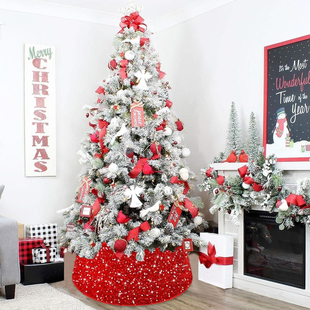 Red Sequins Christmas Tree Collar Sparkly Round Trees Ring Elegant Tree Skirts Collar Embroidered Trees Base Shiny Ornaments