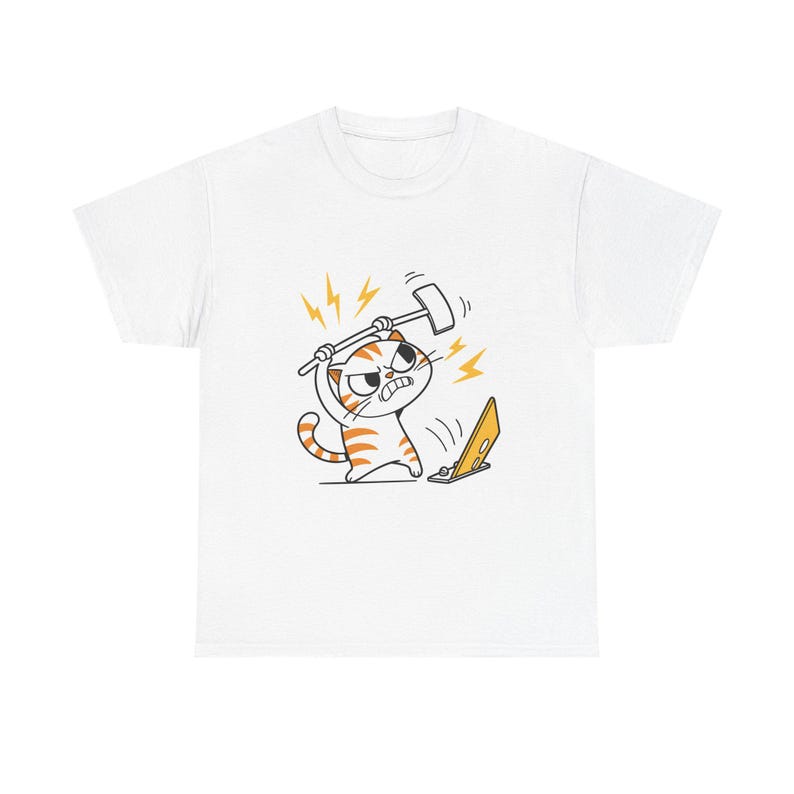 Angry Cat Smashing Laptop T-Shirt | Cartoon Tech Rage Tee 100