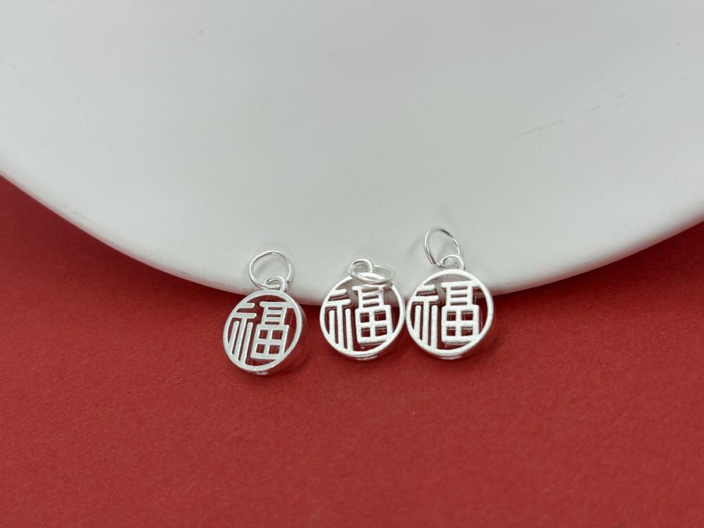 Sterling Silver 3D Fu Character Pendant & Bead Bracelet DIY Jewelry Set