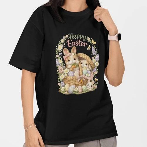 Happy Easter Bunny Shirt Vintage Floral Cute Spring Graphic Tee S- Cotton S