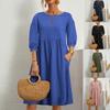 Damen Unifarben Baumwolle Leinen Midi Kleid Rundhals 3/4 Puffärmel Locker Lässig Sommerkleid Mit Taschen Sommerurlaub Strandkleid