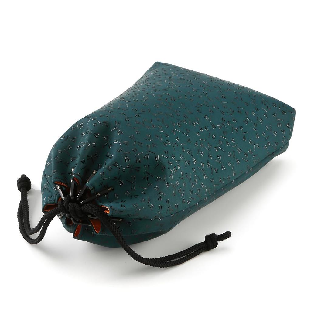 HISOCA Hisoka Traditional Craft Koshu Inden Deerskin Lacquer Original Brand Drawstring Bag Green with Black Lacquer Design Dragonfly Inden-ya