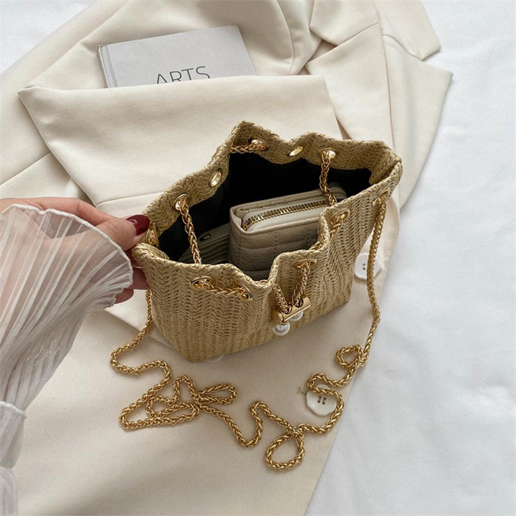 Women's Summer Straw Shoulder Bag Lightweight Woven Beach Purse with Chain Strap & Drawstring for Vacation Storage Bag