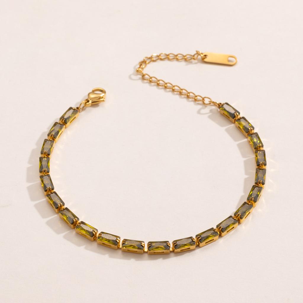 Luxus Baguette Geburtsstein Zirkonia Armband für Damen 18 Karat Vergoldeter Edelstahl Tennisarmbänder Wasserdichter Schmuck