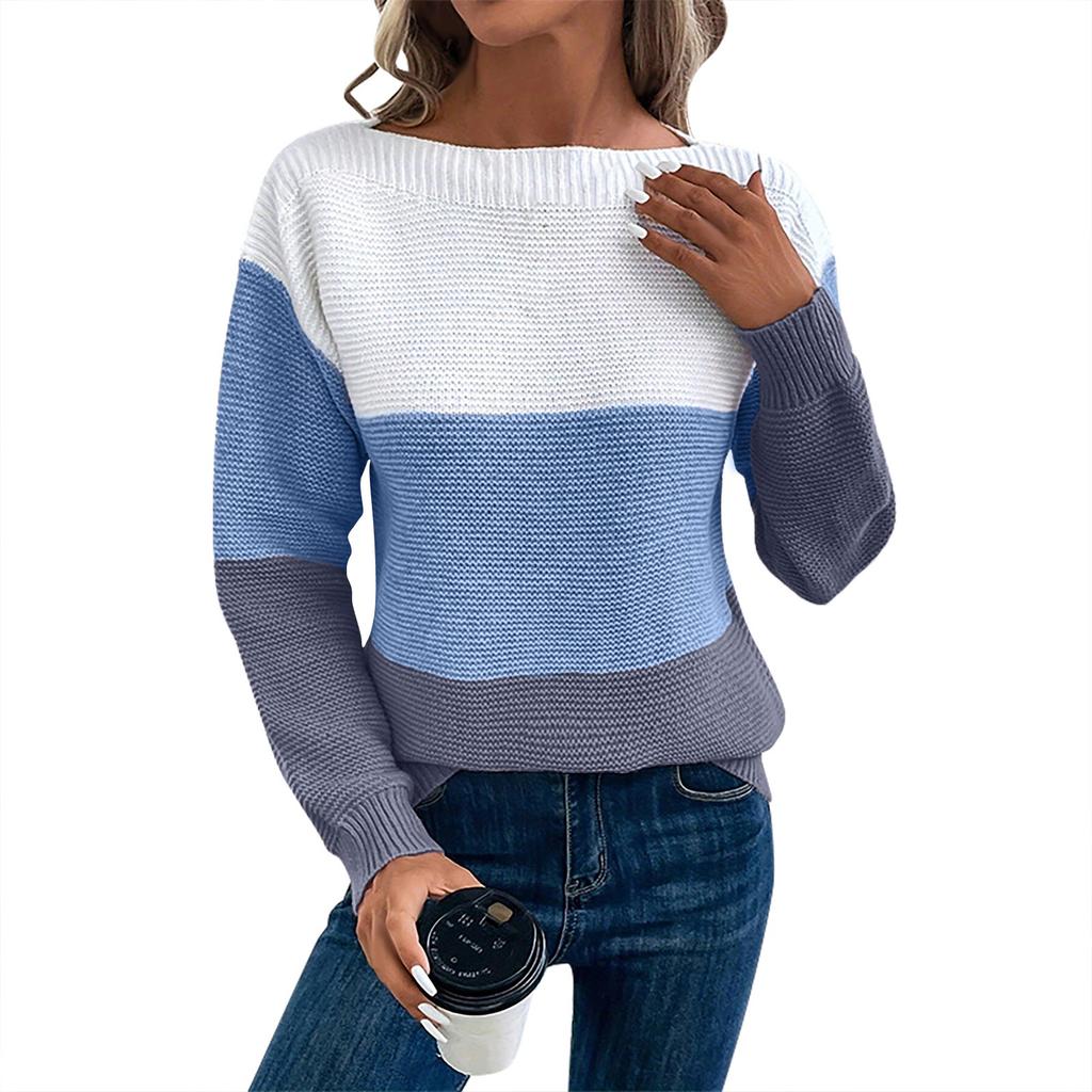 Women's Pullover Lightweight Knit Sweater Round Neck Long Sleeve Colorblock Drop Shoulder Sweater