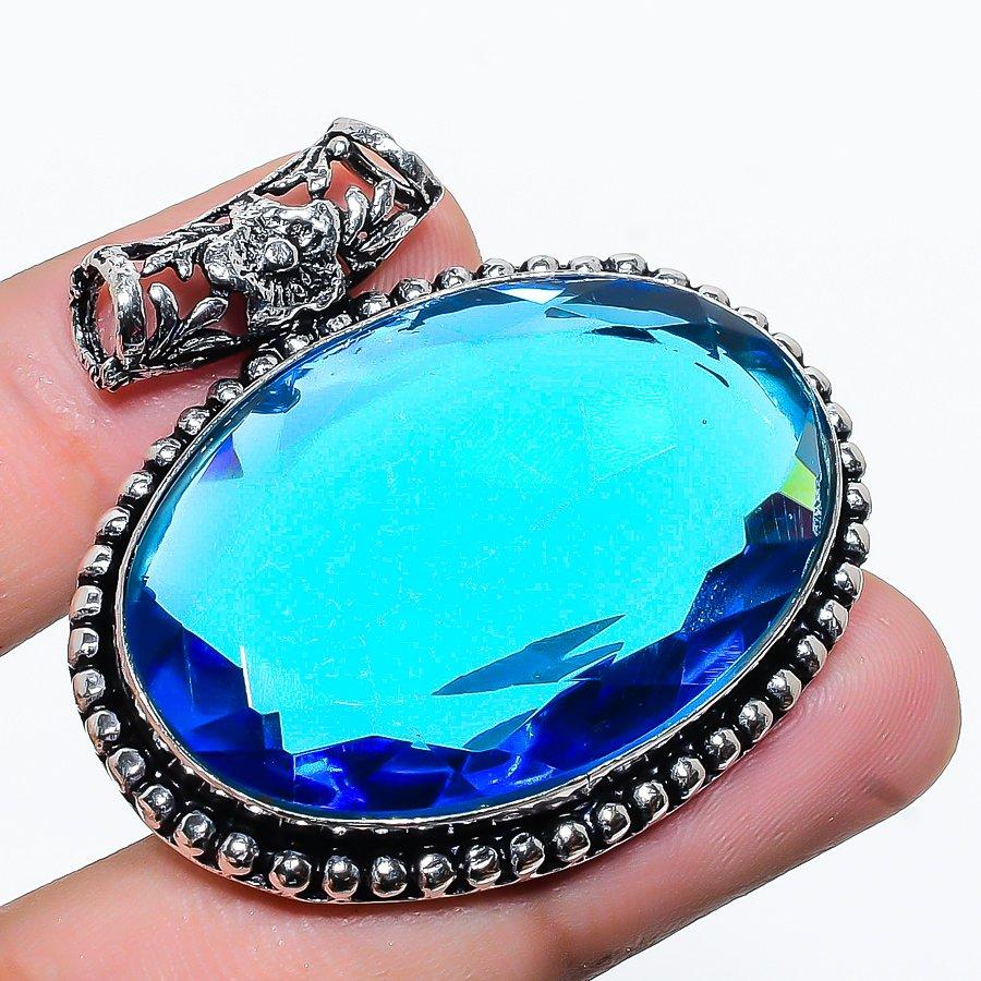 

Лондонский синий топаз, драгоценный камень, этнический подарок ручной работы, ювелирный кулон 1,58 дюйма VR-1612