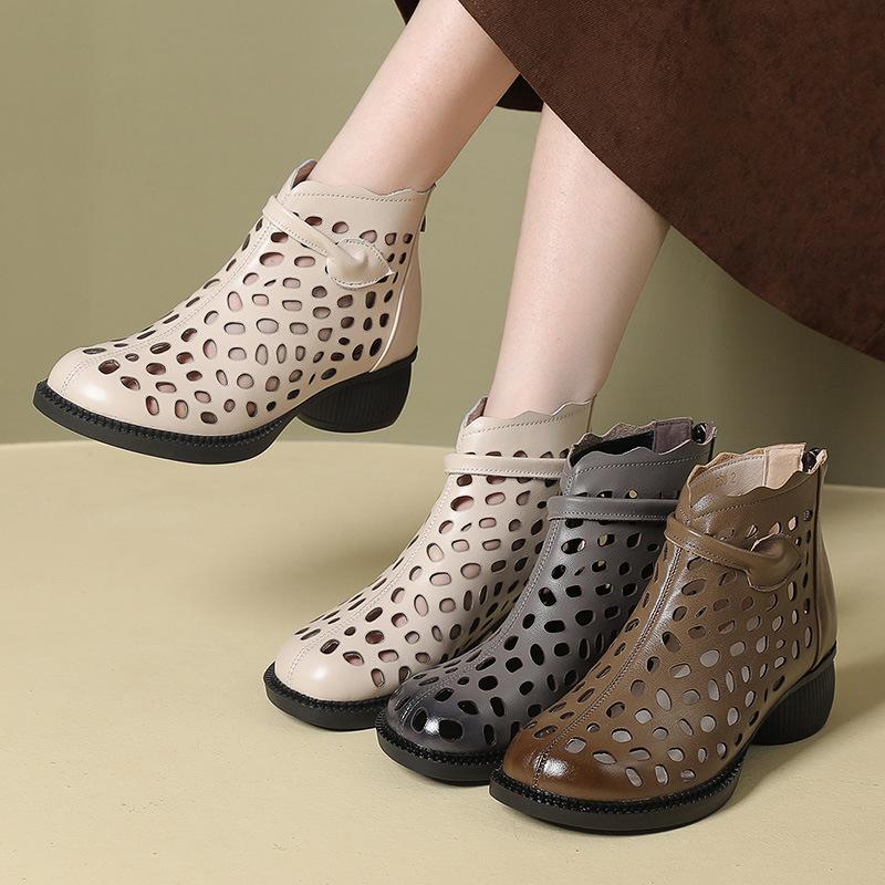 Mode GKTINOO 2025 Sommer Stiefeletten Echtes Leder Schuhe Damen Mittelhohe Absätze Sandalen Reißverschluss hinten Stiefel Ausgeschnitten Atmungsaktiv Mujer Zapatos