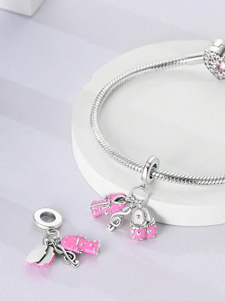 Charms Silber Rosa Schleife Herz Wecker Perlen Charm Kupferbeschichtet Passend für Charms Original Armband Zum Schmuck basteln DIY Charm