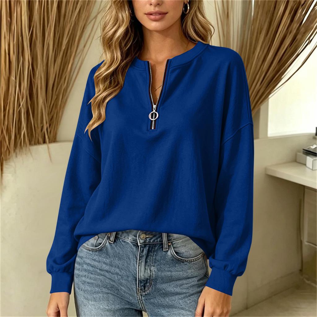 Women's Casual Loose Fit V-Neck Zip Up Long Sleeve Sweatshirt